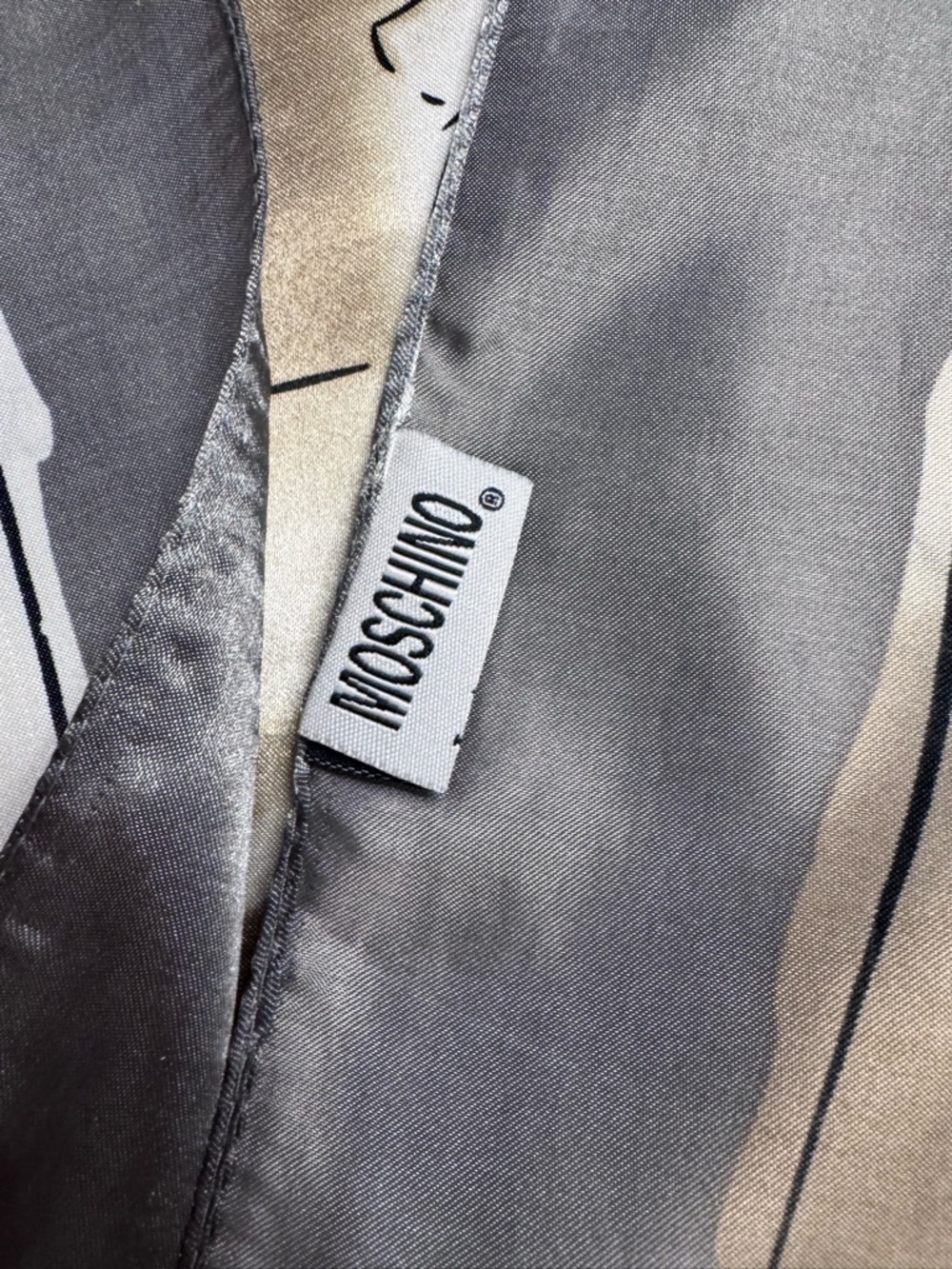 Moschino Gray and Cream Silk Scarf with Logo Tag - Picture 3 of 7